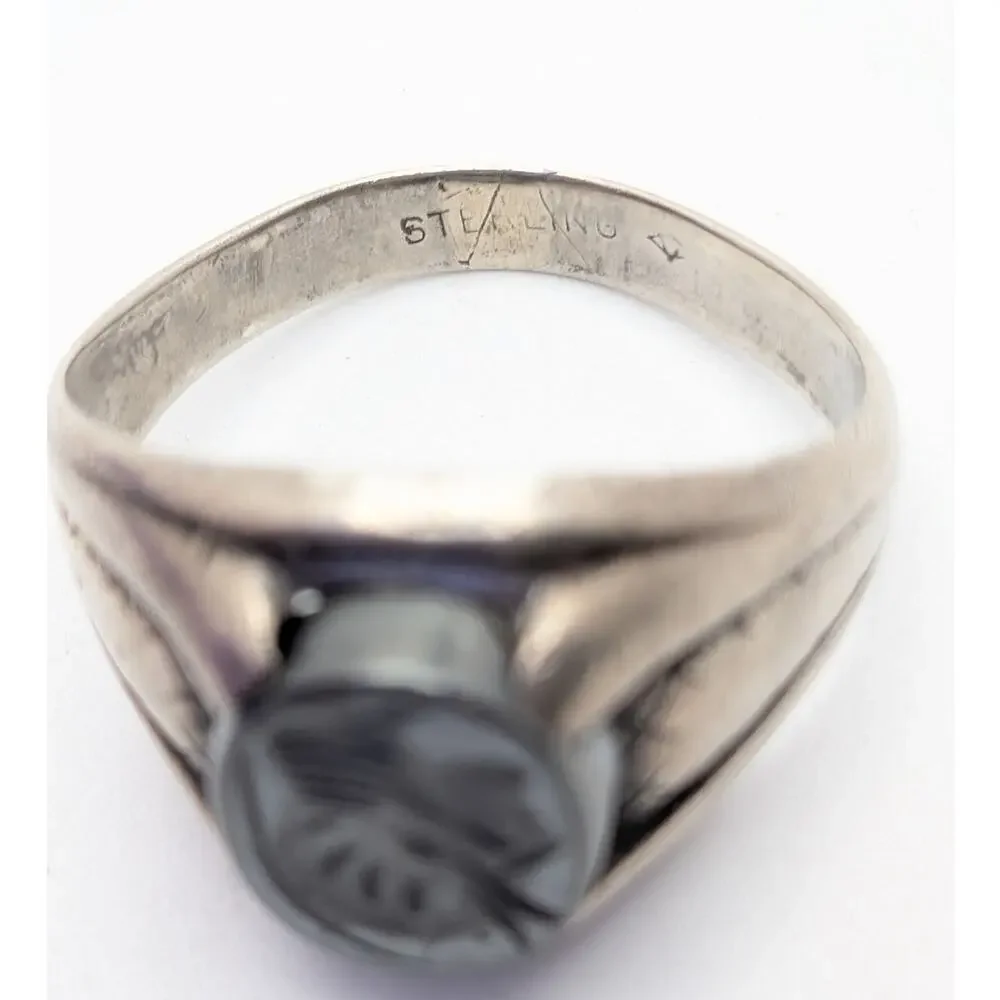 Sterling Silver Men's Ring 9 Silver Carved Hematite Intaglio Soldier Signet READ